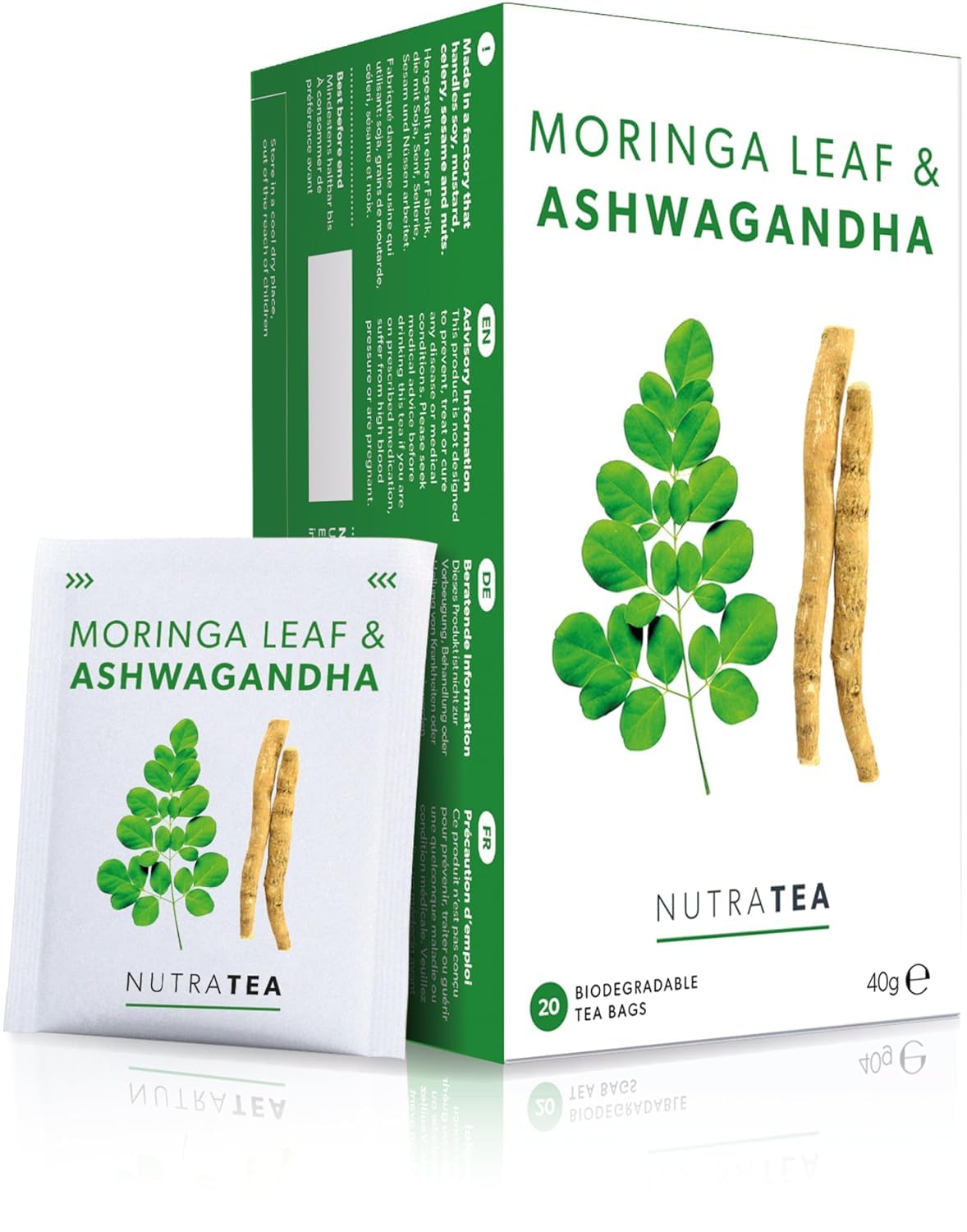 Nutra Tea Moringa Leaf & Ashwagandha - Moringa Tea Bags | Ashwagandha Tea Bags - Rich In Essential Nutrients & Cortisol Balance - 20 Individually Wrapped Bags - Herbal Infusion (1 Pack)