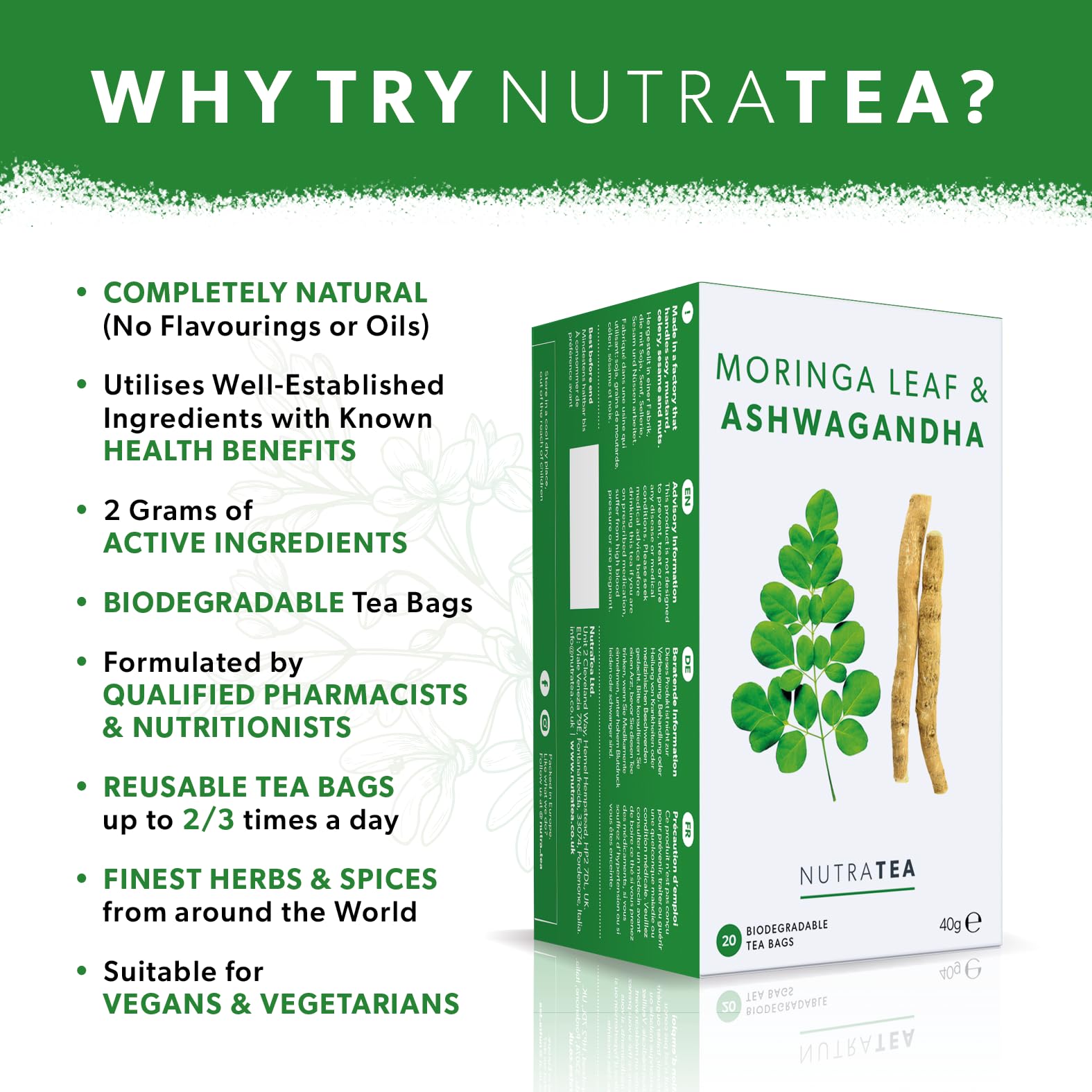 Nutra Tea Moringa Leaf & Ashwagandha - Moringa Tea Bags | Ashwagandha Tea Bags - Rich In Essential Nutrients & Cortisol Balance - 20 Individually Wrapped Bags - Herbal Infusion (1 Pack)