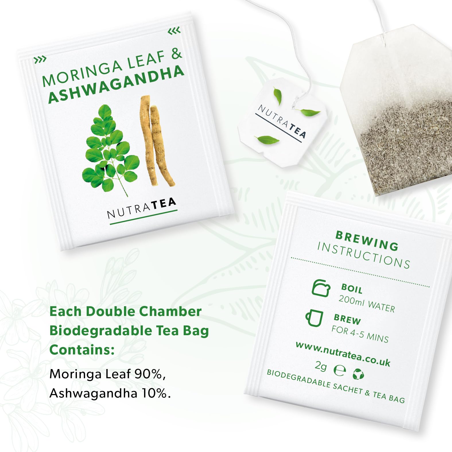 Nutra Tea Moringa Leaf & Ashwagandha - Moringa Tea Bags | Ashwagandha Tea Bags - Rich In Essential Nutrients & Cortisol Balance - 20 Individually Wrapped Bags - Herbal Infusion (1 Pack)