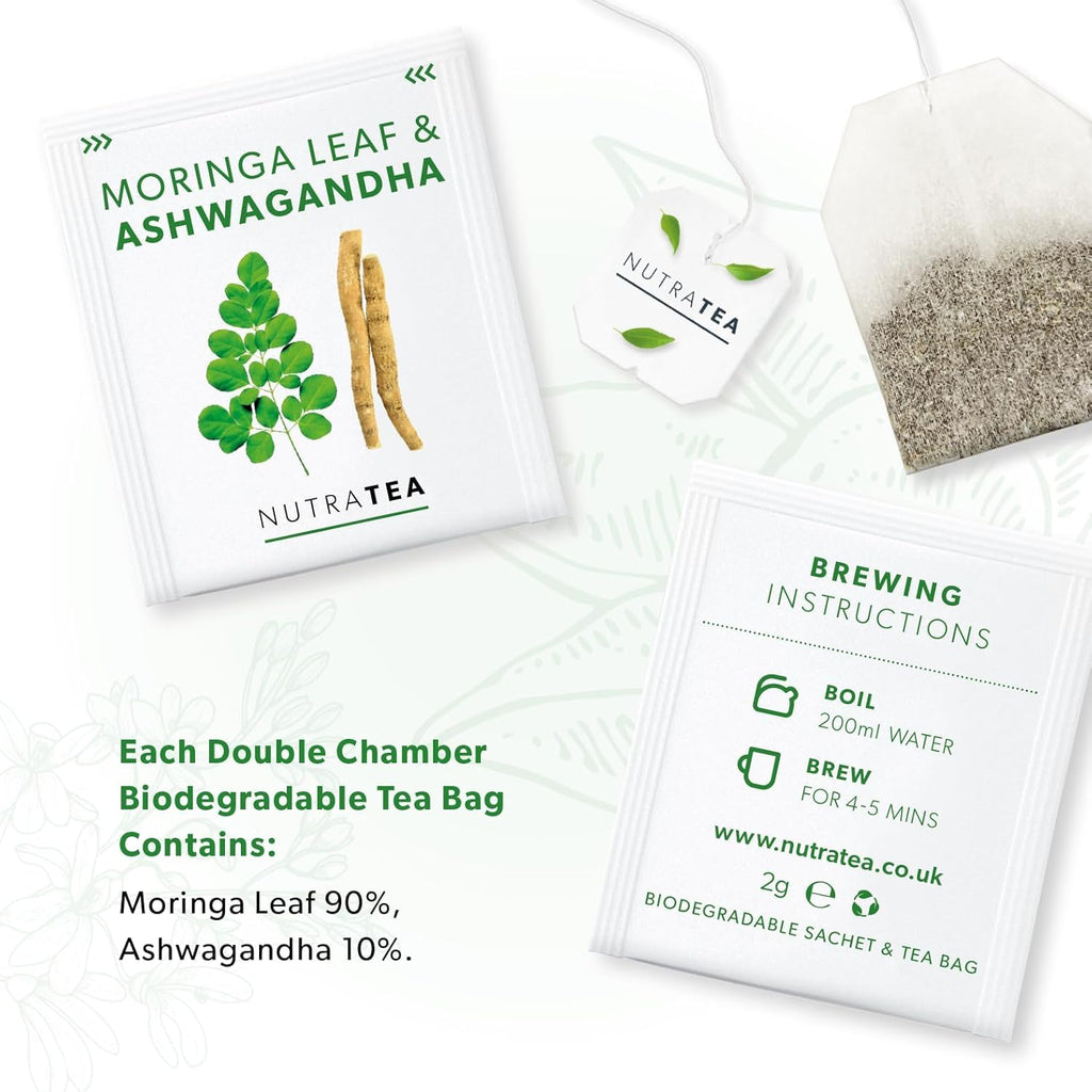 Nutra Tea Moringa Leaf & Ashwagandha - Moringa Tea Bags | Ashwagandha Tea Bags - Rich In Essential Nutrients & Cortisol Balance - 20 Individually Wrapped Bags - Herbal Infusion (1 Pack)