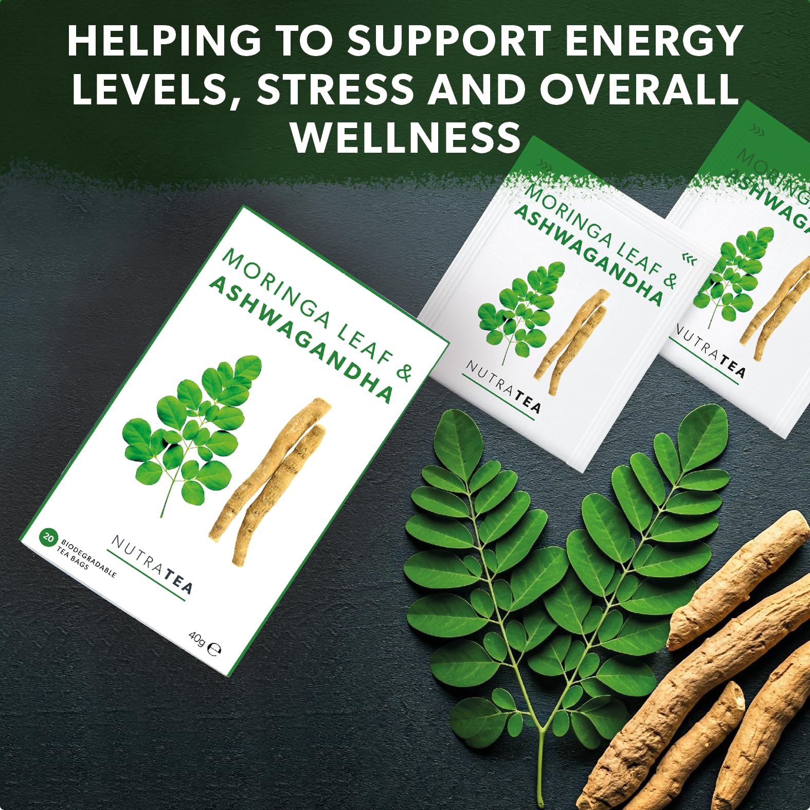 Nutra Tea Moringa Leaf & Ashwagandha - Moringa Tea Bags | Ashwagandha Tea Bags - Rich In Essential Nutrients & Cortisol Balance - 20 Individually Wrapped Bags - Herbal Infusion (1 Pack)