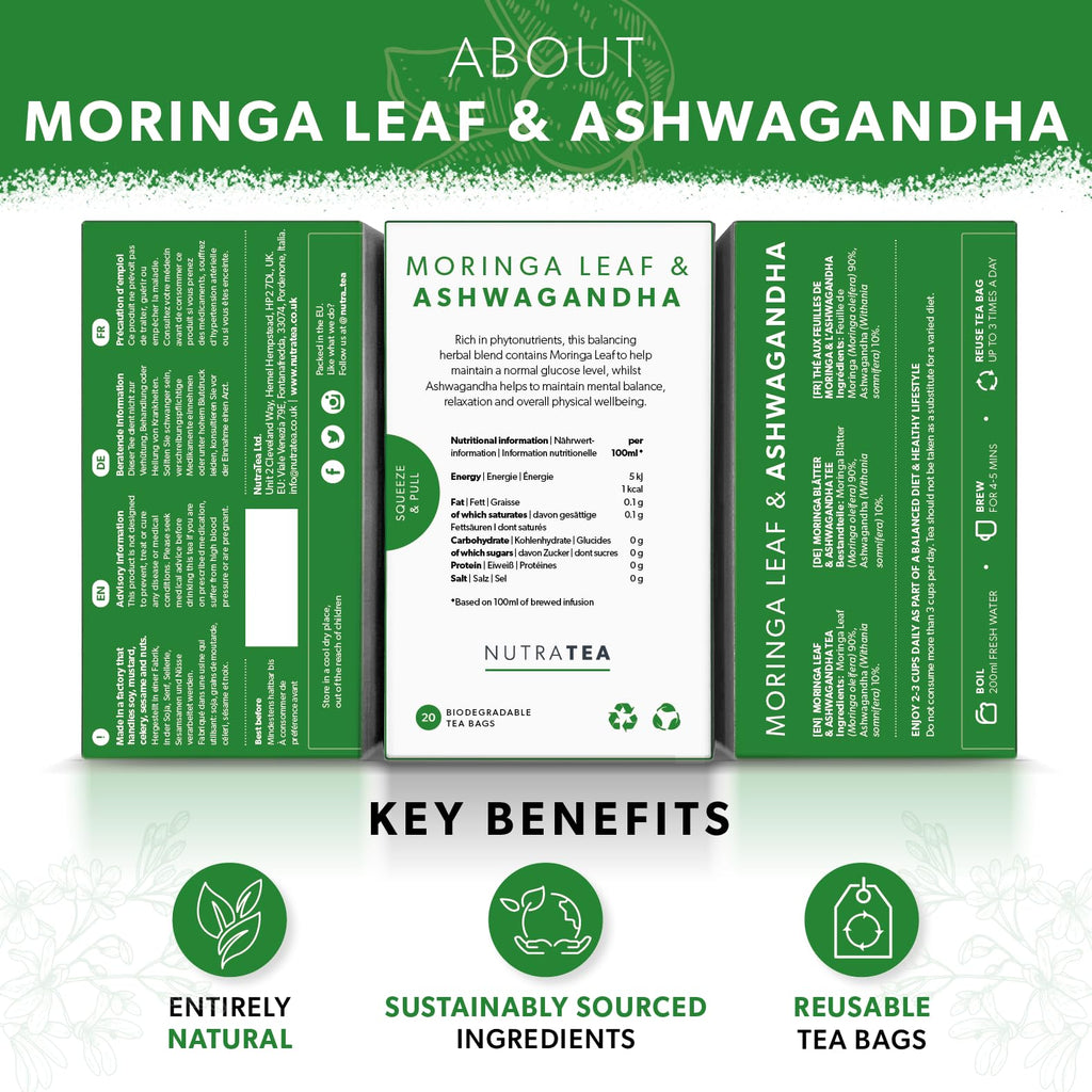 Nutra Tea Moringa Leaf & Ashwagandha - Moringa Tea Bags | Ashwagandha Tea Bags - Rich In Essential Nutrients & Cortisol Balance - 20 Individually Wrapped Bags - Herbal Infusion (1 Pack)