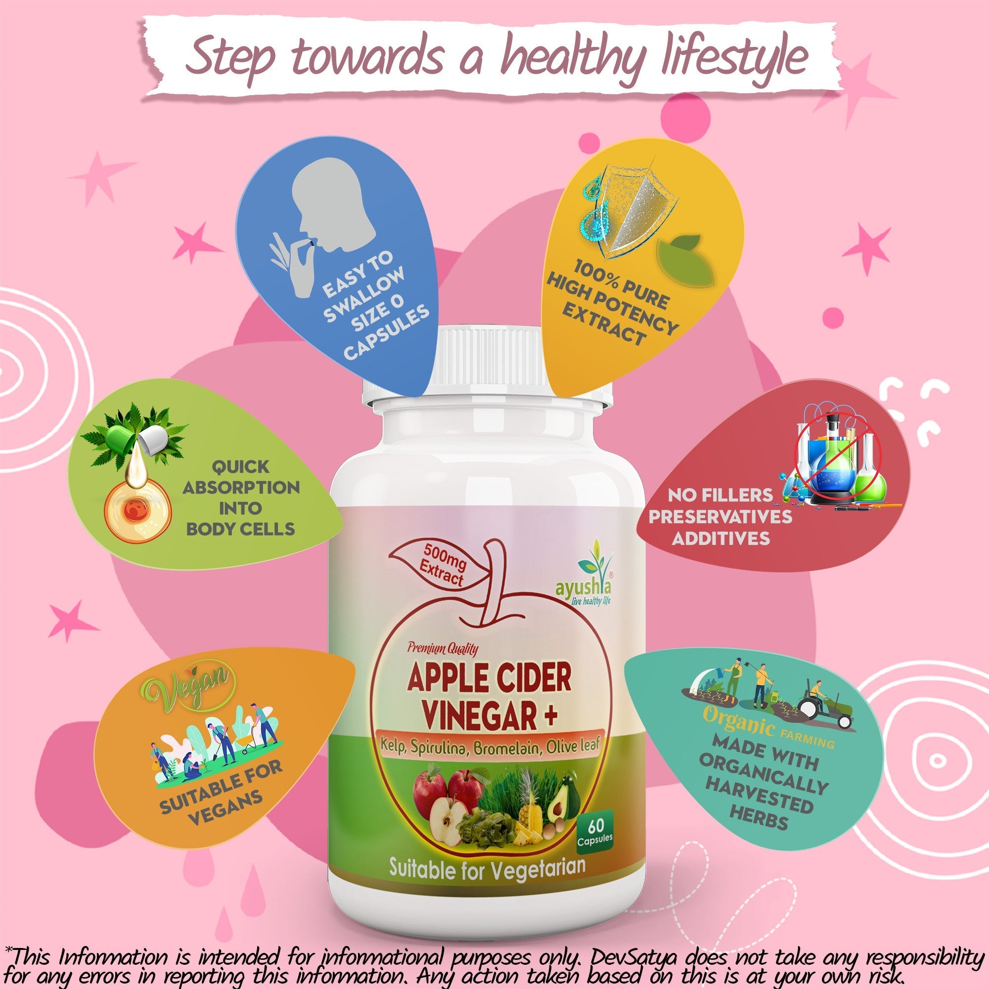 Ayushya Apple Cider Vinegar Capsules (ACV) with Kelp, Spirulina, Bromelain, Olive Leaf Digestive & Metabolic Wellness Support - Vegan, Gluten Free, Non-GMO, 60 Capsules-2