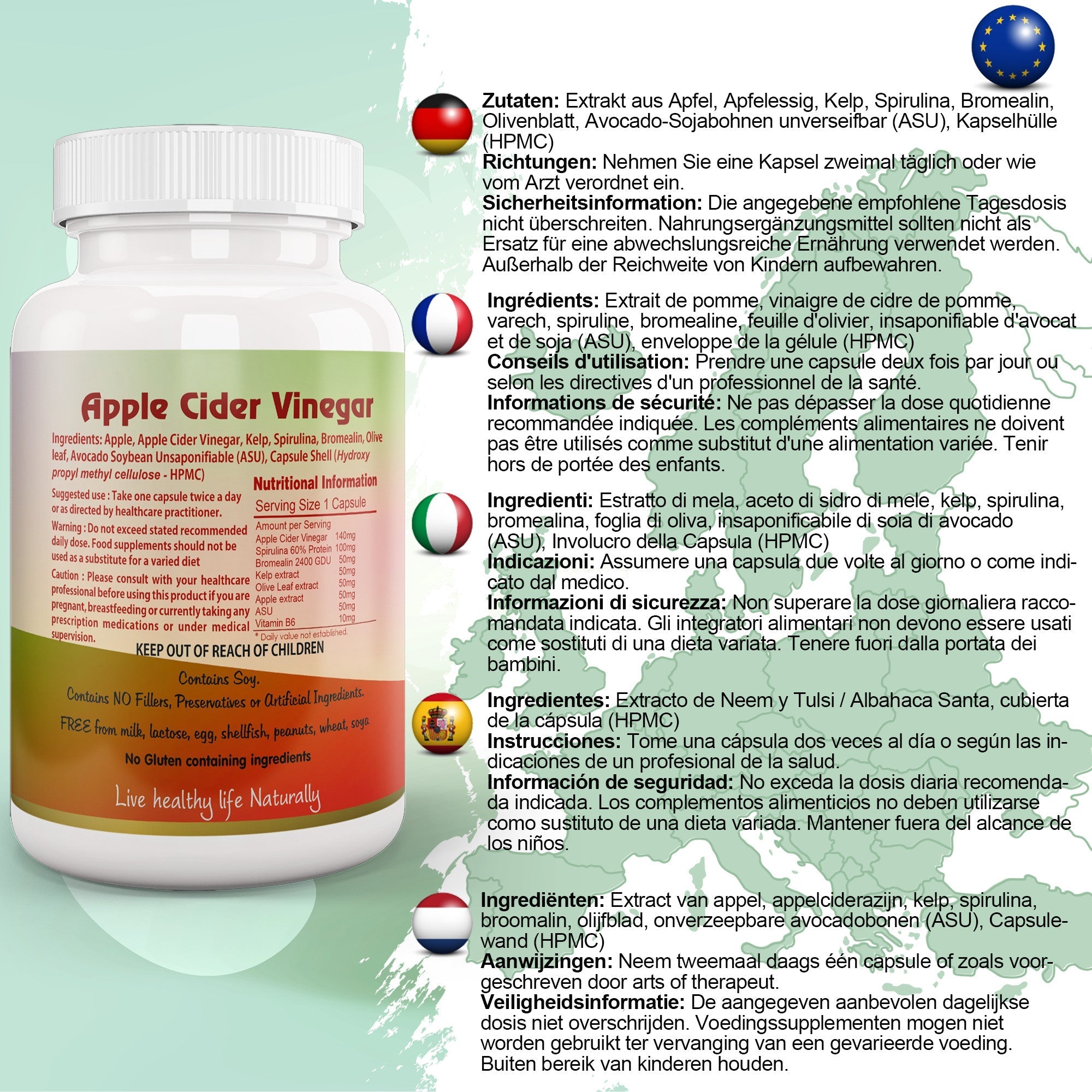 Ayushya Apple Cider Vinegar Capsules (ACV) with Kelp, Spirulina, Bromelain, Olive Leaf Digestive & Metabolic Wellness Support - Vegan, Gluten Free, Non-GMO, 60 Capsules-1