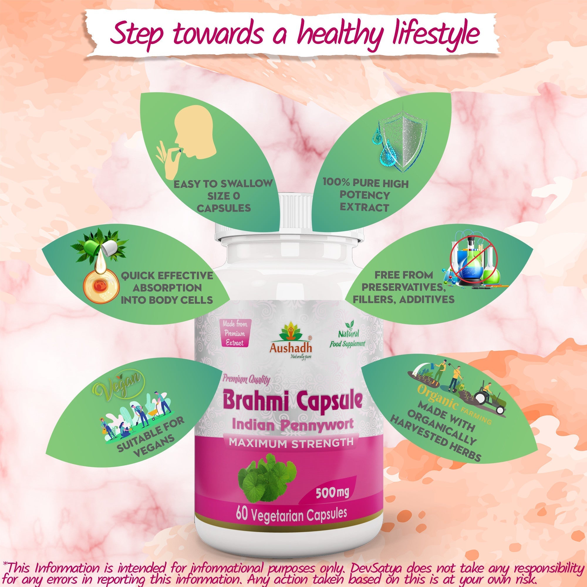 Aushadh Brahmi Capsules (Bacopa, Water Hyssop) Memory & Focus Support - Vegan, Gluten Free, Non-GMO, 60 Capsules-4