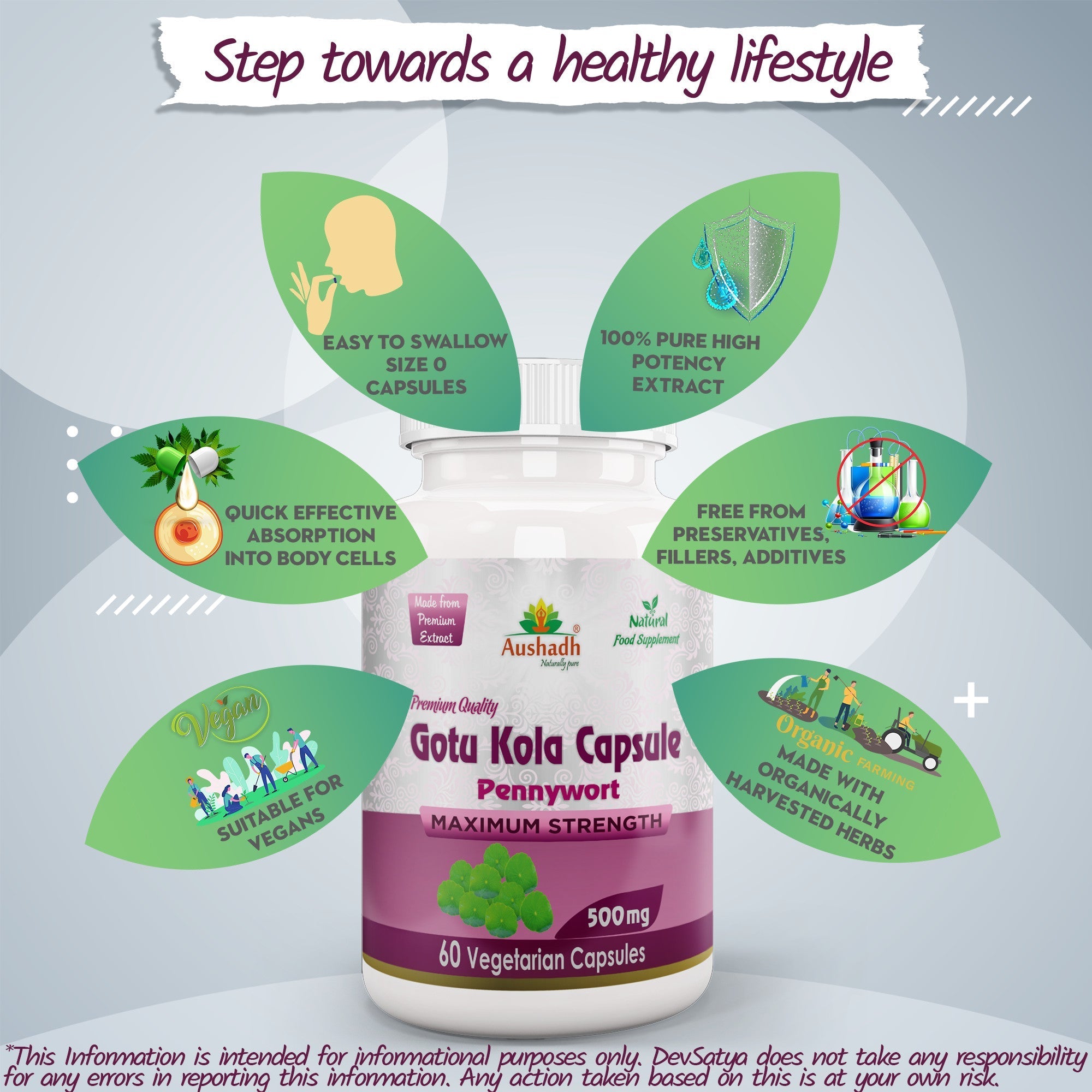Aushadh Gotukola Capsules (Centella) Memory & Skin Support - Vegan, Gluten Free, Non-GMO, 60 Capsules-4