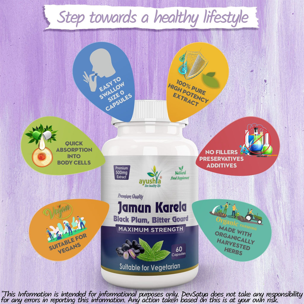 Ayushya Jamun Karela Neem Capsules Glucose Wellness Support - Vegan, Gluten Free, Non-GMO, 60 Capsules-2