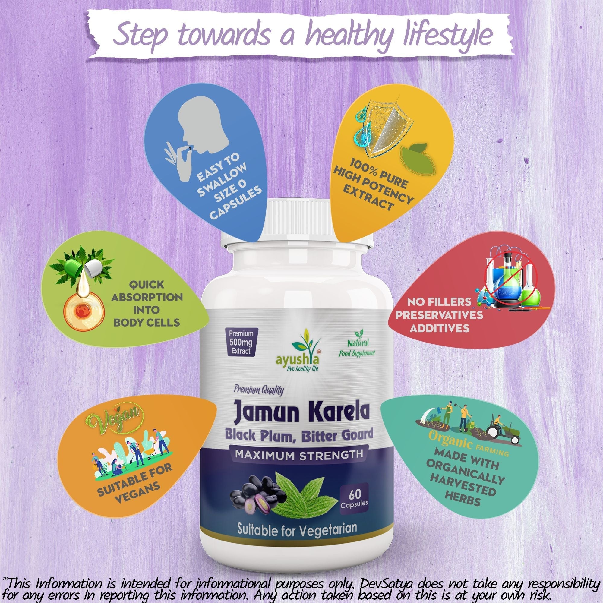Ayushya Jamun Karela Neem Capsules Glucose Wellness Support - Vegan, Gluten Free, Non-GMO, 60 Capsules-2
