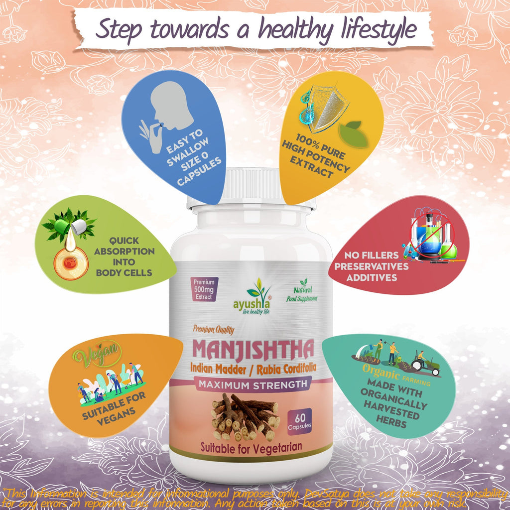 Ayushya Manjistha with Sarsaparilla Capsules (Indian Madder) Skin Clarity Support - Vegan, Gluten Free, Non-GMO, 60 Capsules-4