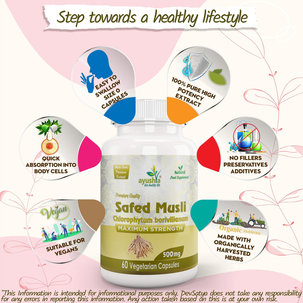 Ayushya Safed Musli Capsules (Chlorophytum Borivilianum) Strength & Stamina Support - Vegan, Gluten Free, Non-GMO, 60 Capsules-4
