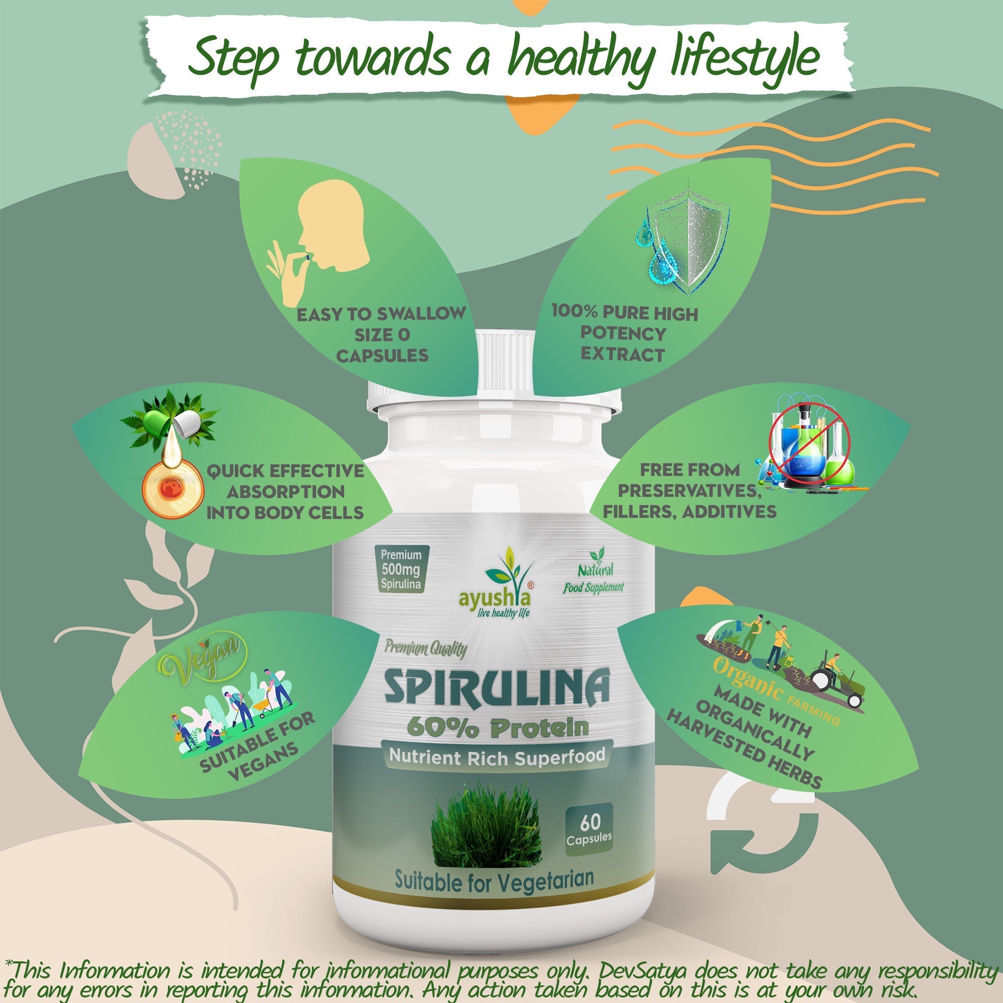 Ayushya Spirulina Capsules (Blue-Green Algae) Energy & Nutrition Support - Vegan, Gluten Free, Non-GMO, 60 Capsules-4