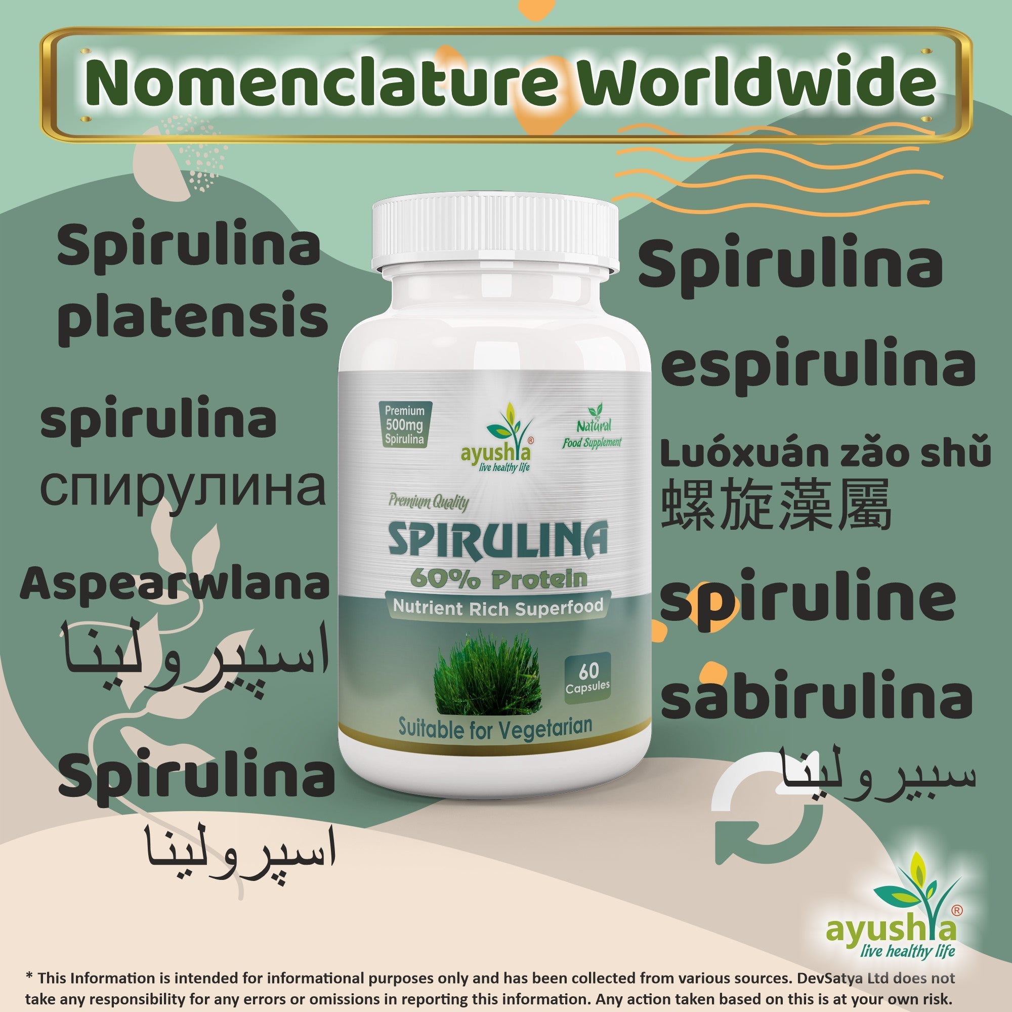 Ayushya Spirulina Capsules (Blue-Green Algae) Energy & Nutrition Support - Vegan, Gluten Free, Non-GMO, 60 Capsules-2