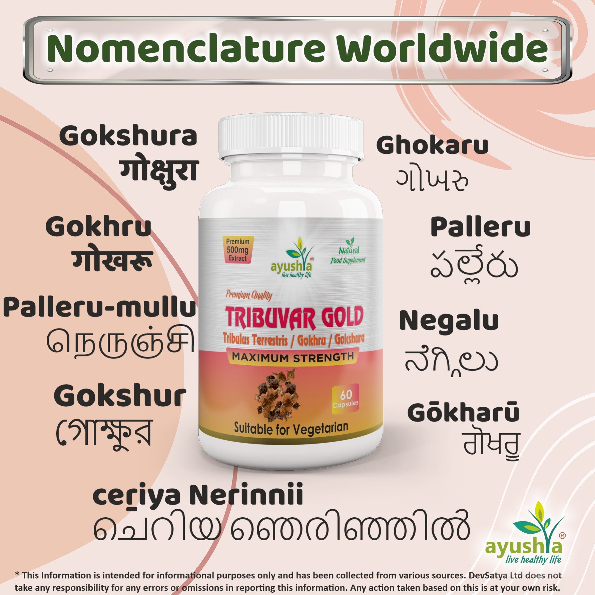Ayushya Tribuvar Gold (Tribulus Terrestris) Capsules (Gokshura, Gokhru) Vitality & Urinary Wellness Support - Vegan, Gluten Free, Non-GMO, 60 Capsules-3